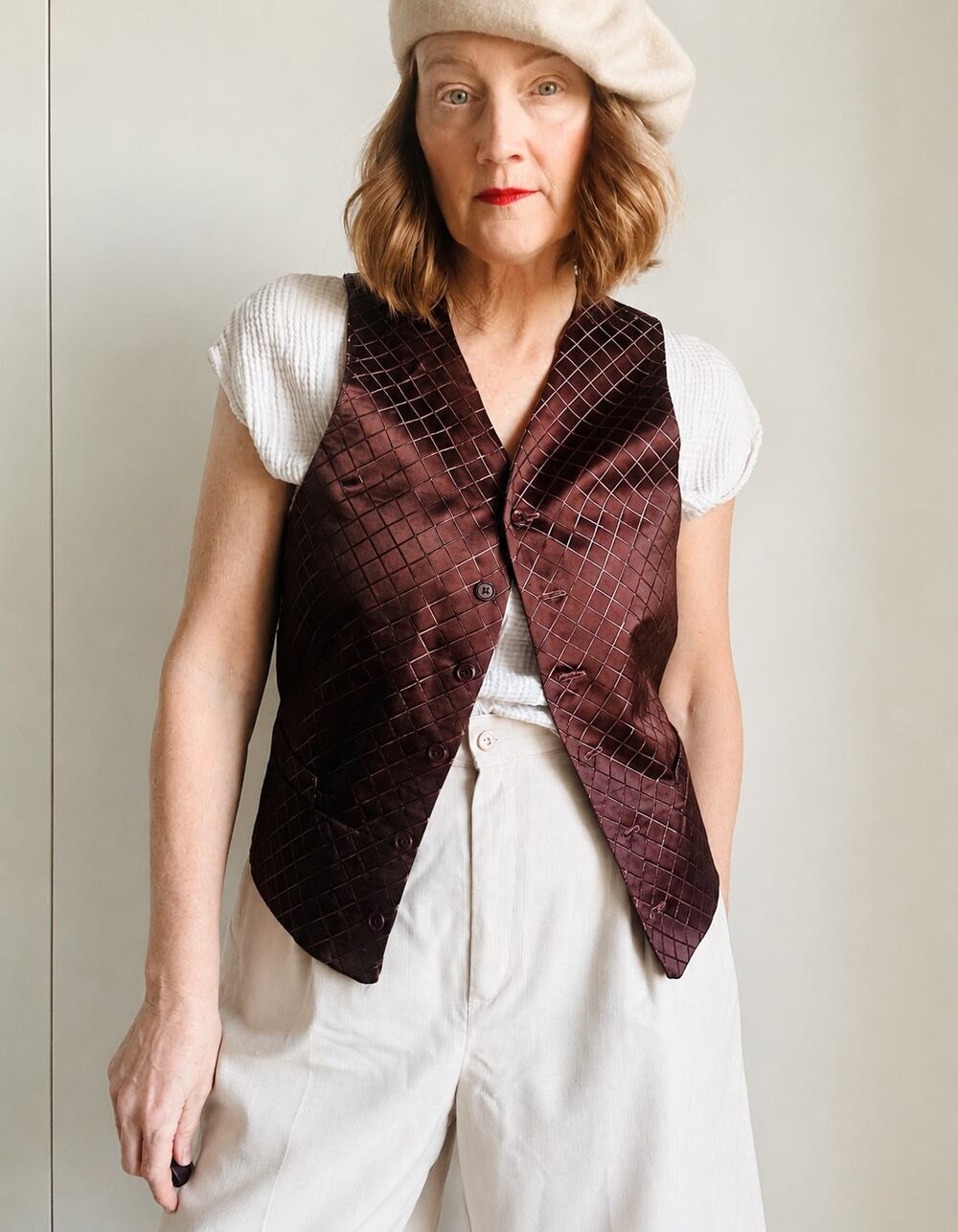 Vintage Sateen Windowpane Waistcoat Vest Womens M/L Brown Menswear Inspired